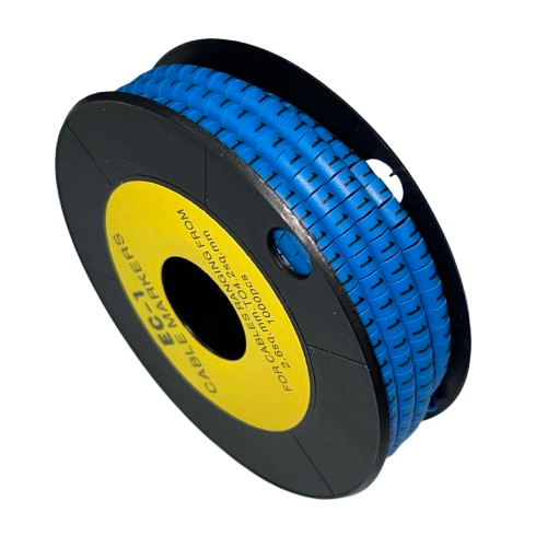 Spool of blue plastic cable markers on black reel for wire labeling Cable Marker Blue 1
