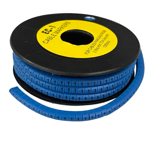 Spool of flexible blue numbered cable markers for cable management Cable Marker Blue 1 on black reel