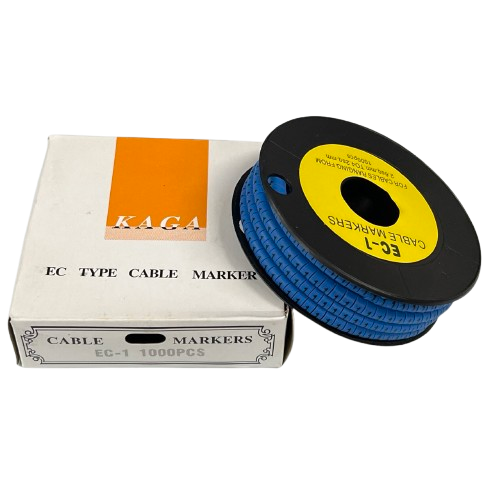 Cable Marker Blue 1 spool of blue EC type cable markers with labeled white box for cable management from China