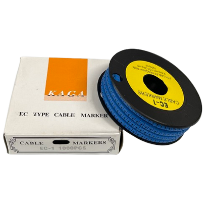 Cable Marker Blue 1 spool of blue EC type cable markers with labeled white box for cable management from China