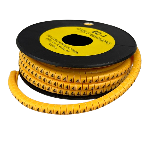 Spool of spiral cable wrap with repeated number 4 on each segment Cable Marker 4 Yellow for wire identification