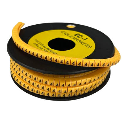 Spool of yellow Cable Marker 4 Yellow wraparound labels with printed 4s for cable identification and organization