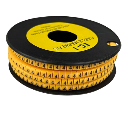 Cable Marker 4 Yellow reel of adhesive number 4 cable markers on black spool for wire labeling