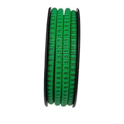 Grippes Cable Marker 5 Green spool showing multiple green numeric 5 cable markers for labeling