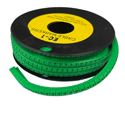 Grippes Cable Marker 7 Green spiral ID tape on black spool with repeating 7 digits for cable management