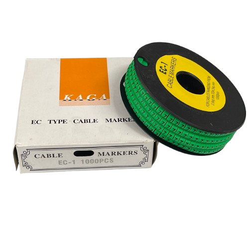 Grippes Cable Marker 7 Green spool of EC type cable markers on black reel next to box