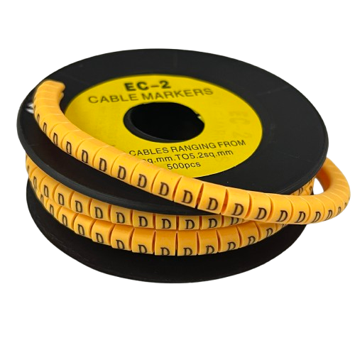 Grippes spool of Cable Marker D - Yellow cable labels showing repeated D letters for wire identification