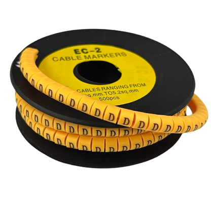 Grippes spool of Cable Marker D - Yellow cable labels showing repeated D letters for wire identification