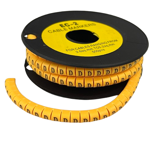 Grippes Cable Marker D - Yellow spool of flexible letter D cable markers on a strip for cable management