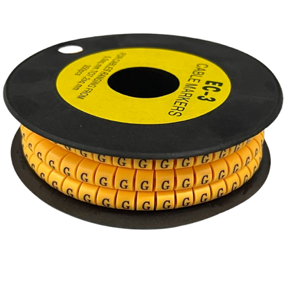 Grippes Cable Marker G - Yellow spool of plastic G letter cable markers on black reel for labeling