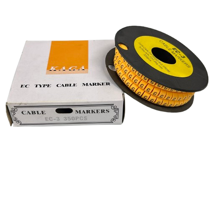 Grippes Cable Marker G - Yellow spool of G letter cable markers next to white labeled box packaging