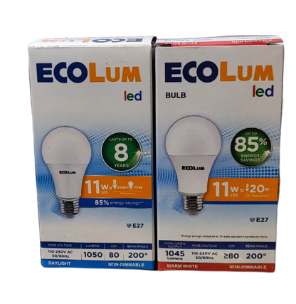 Ecolum 11W LED bulb E27 220V packaging, showcasing Daylight and Warm White options with energy savings features