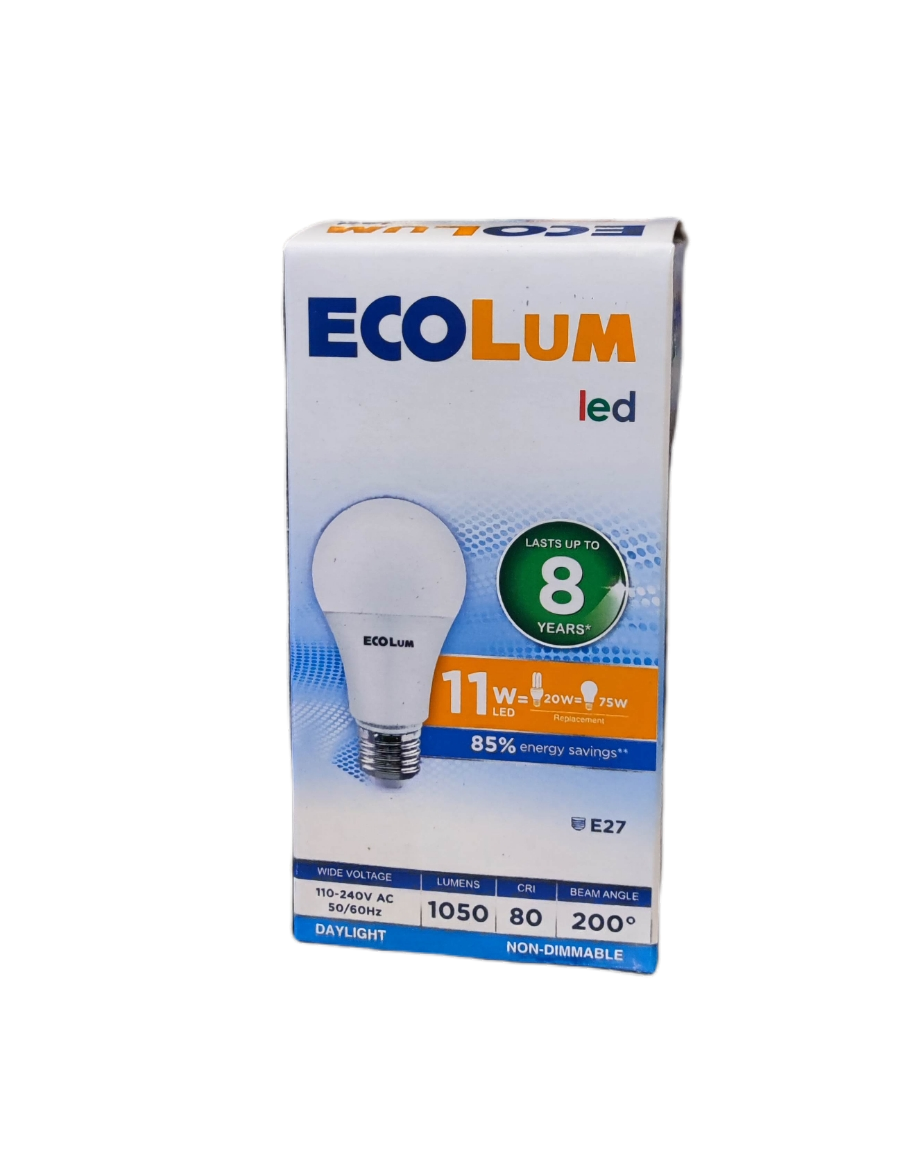 Ecolum 11W LED bulb E27 220V packaging showcasing energy savings and longevity features