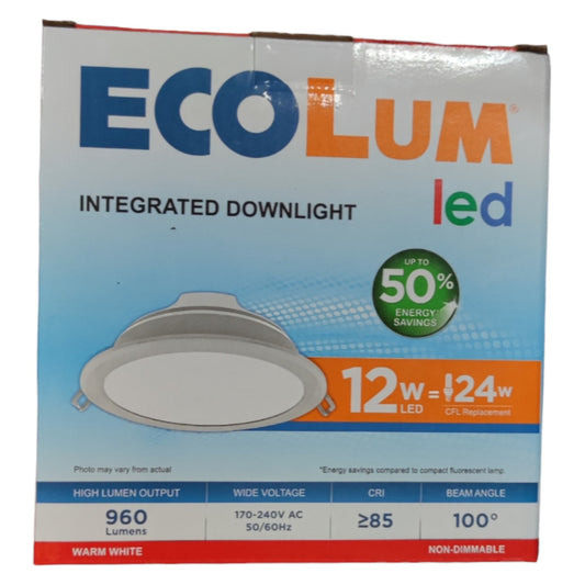 Ecolum 12W LED Downlight Warm White 3000K CDL223112WW Cut Hole Dia 120mm Thickness Ø 45mm x Face Dia 140mm