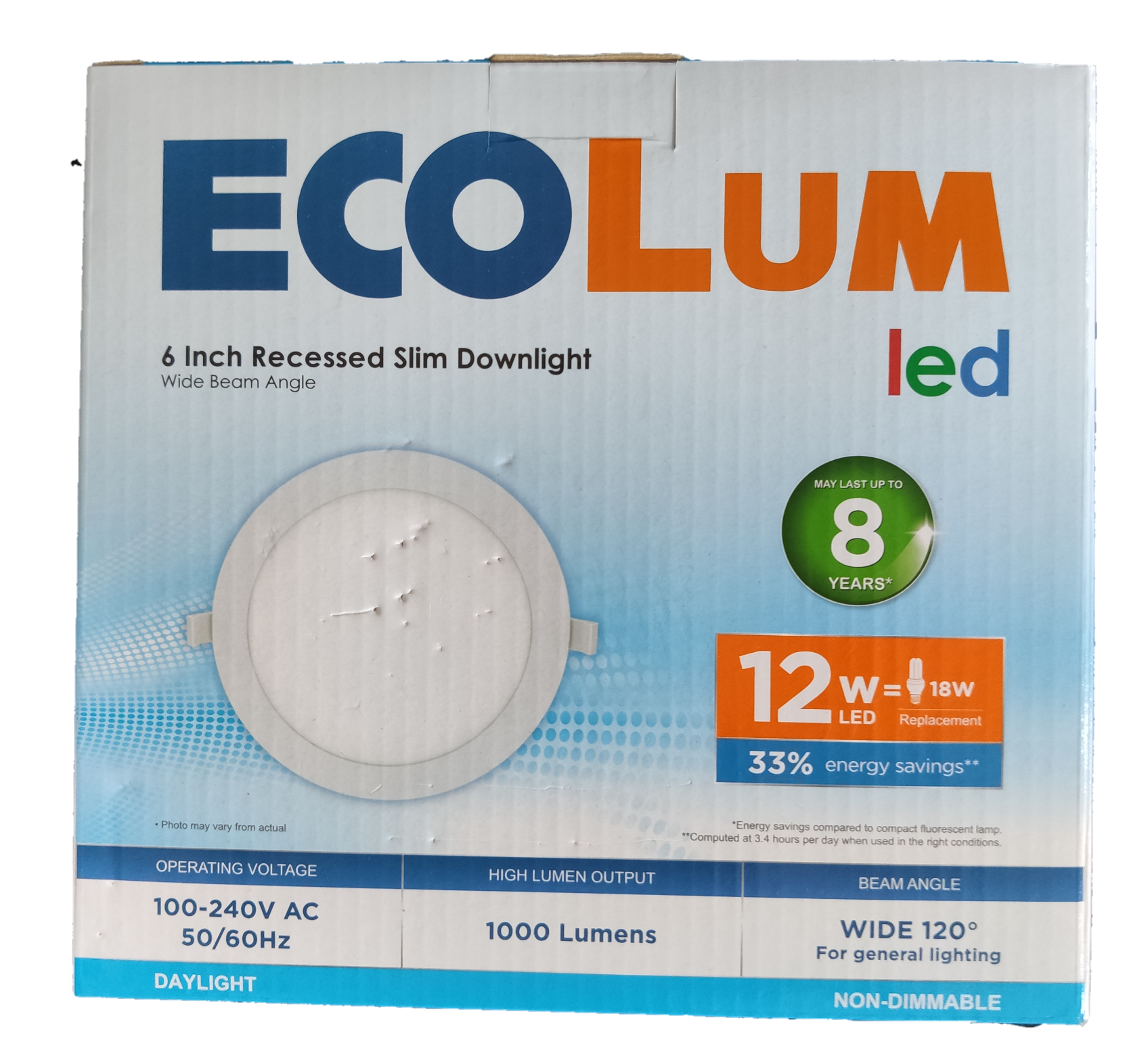 Ecolum 6 inch recessed slim ceiling fixture box showing 12W LED recessed downlight 1000 lumens daylight