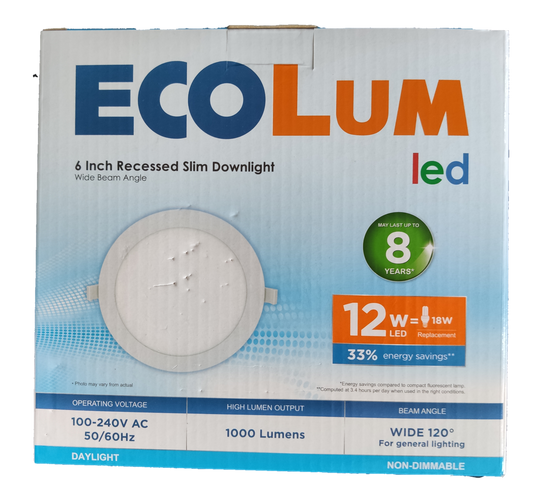 Ecolum 6 inch recessed slim ceiling fixture box showing 12W LED recessed downlight 1000 lumens daylight