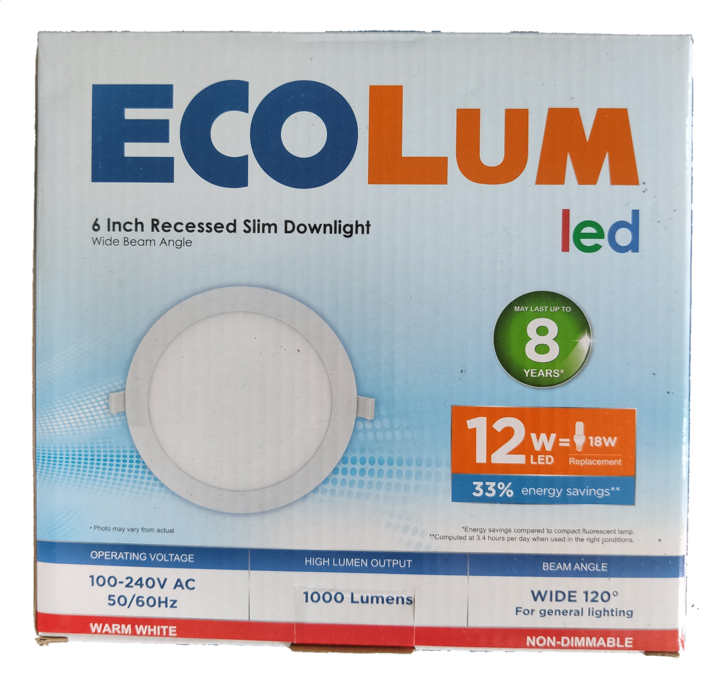 Ecolum 12W LED recessed downlight 6 inch slim ceiling light with wide 120 degree beam angle