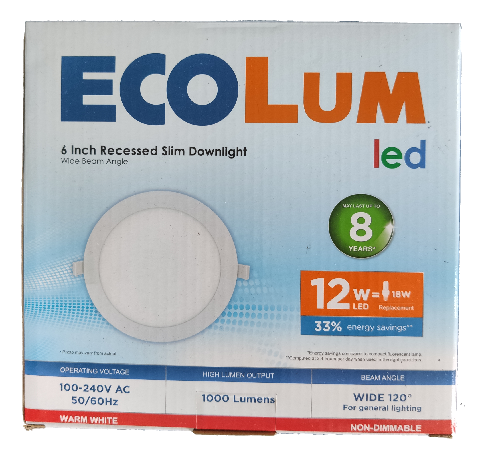 Ecolum 12W LED recessed downlight 6 inch slim ceiling light with wide 120 degree beam angle