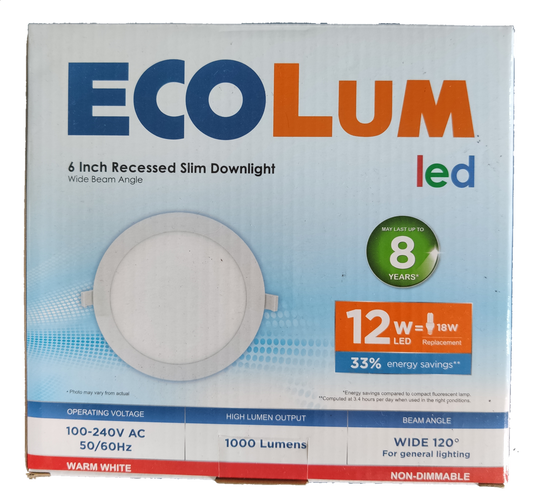 Ecolum 12W LED recessed downlight 6 inch slim ceiling light with wide 120 degree beam angle