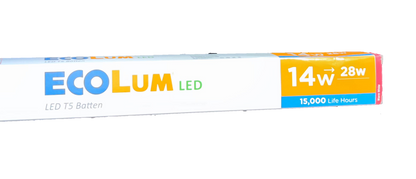 Ecolum 14W T5 LED batten 220V 3000K packaging showcasing energy efficiency and long life