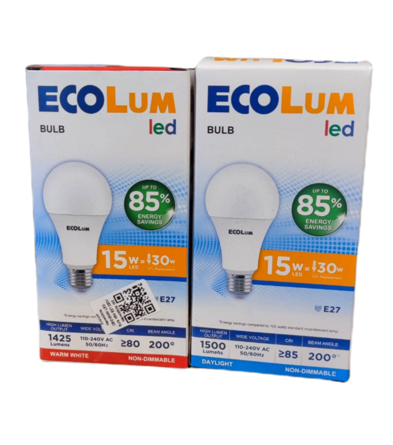 Ecolum 15W LED bulb E27 warm white packaging displaying energy-saving features and specifications