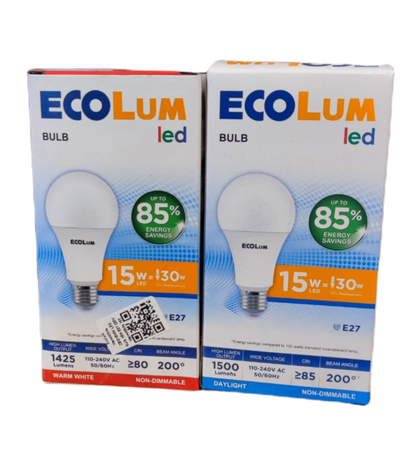 Ecolum 15W LED bulb E27 warm white packaging displaying energy-saving features and specifications
