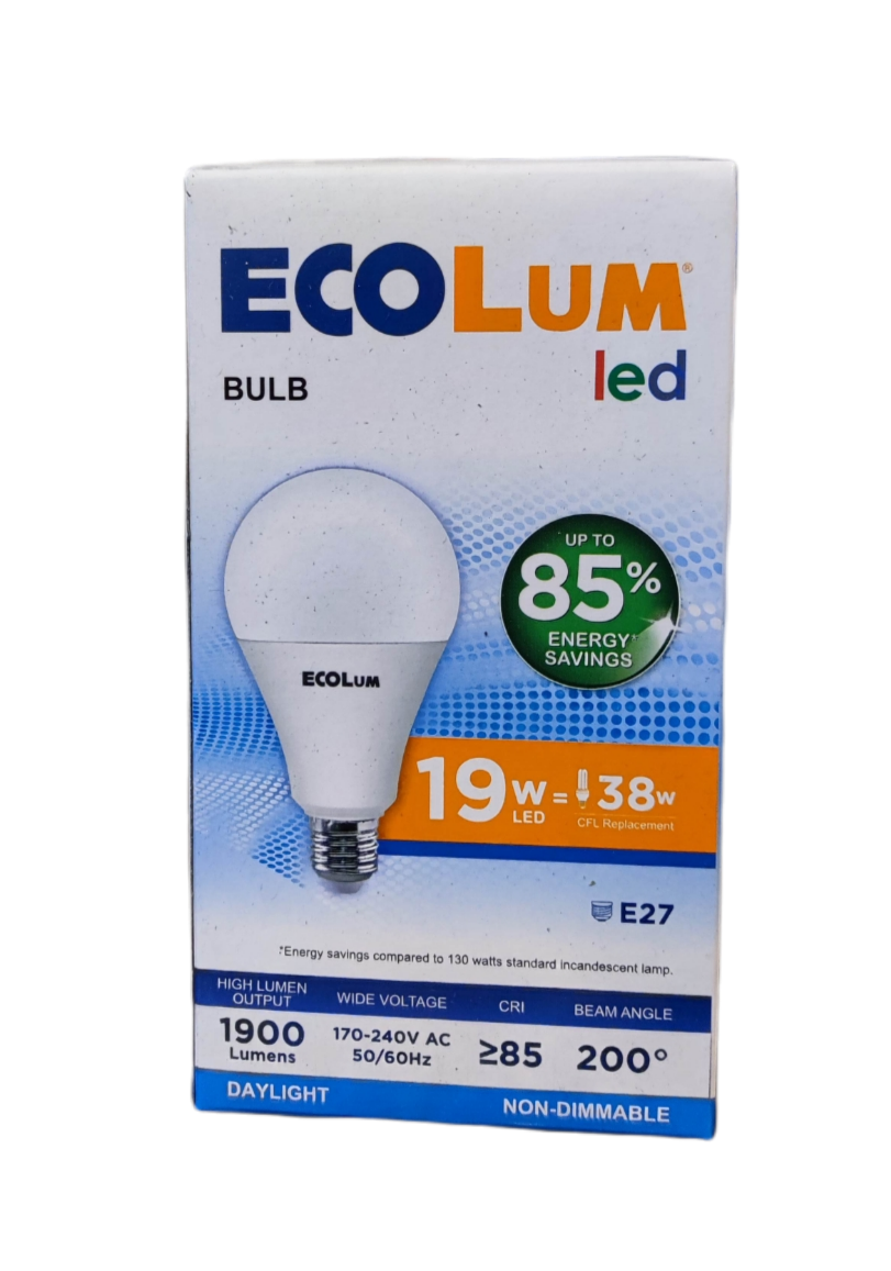 Ecolum 19W LED Bulb 220V E27 Daylight packaging showcasing energy efficiency and brightness features