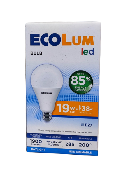 Ecolum 19W LED Bulb 220V E27 Daylight packaging showcasing energy efficiency and brightness features