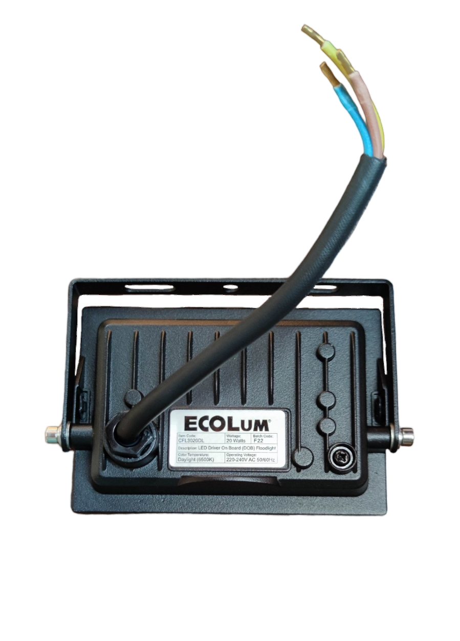 Ecolum 20W LED Flood Light 220V Daylight black rear view with exposed wiring and adjustable mounting bracket