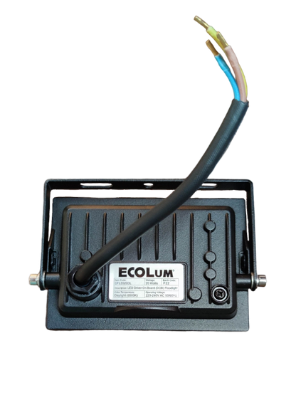 Ecolum 20W LED Flood Light 220V Daylight black rear view with exposed wiring and adjustable mounting bracket