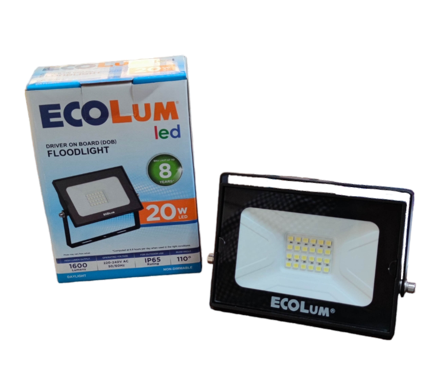 Ecolum outdoor lighting showing 20W LED Flood Light 220V Daylight with black housing and box