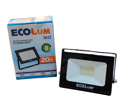 Ecolum outdoor lighting showing 20W LED Flood Light 220V Daylight with black housing and box