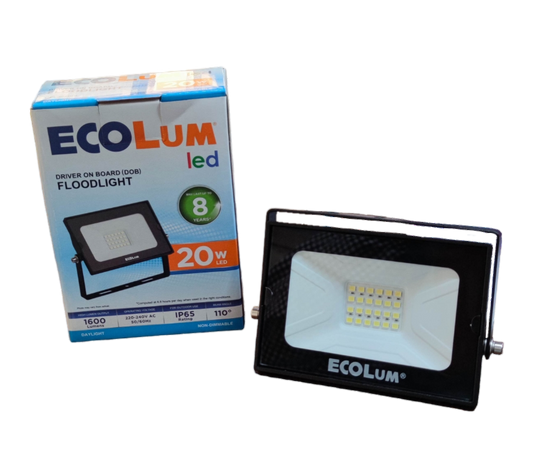 Ecolum outdoor lighting showing 20W LED Flood Light 220V Daylight with black housing and box