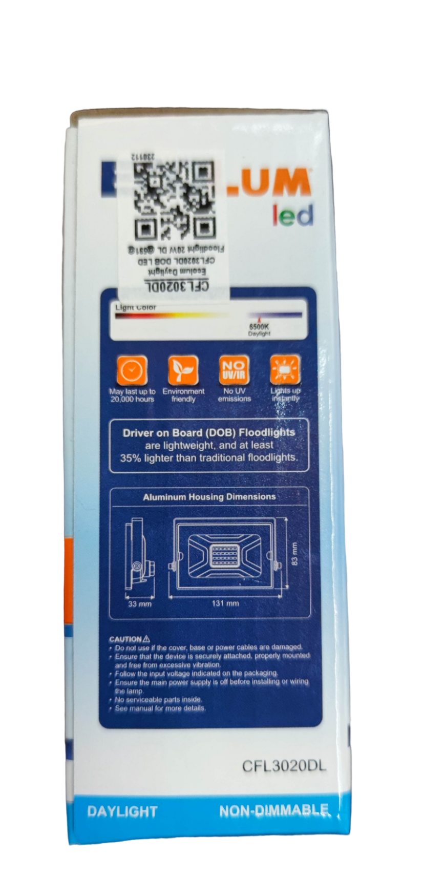 Ecolum 20W LED Flood Light 220V Daylight product packaging box with specs diagram and daylight icon
