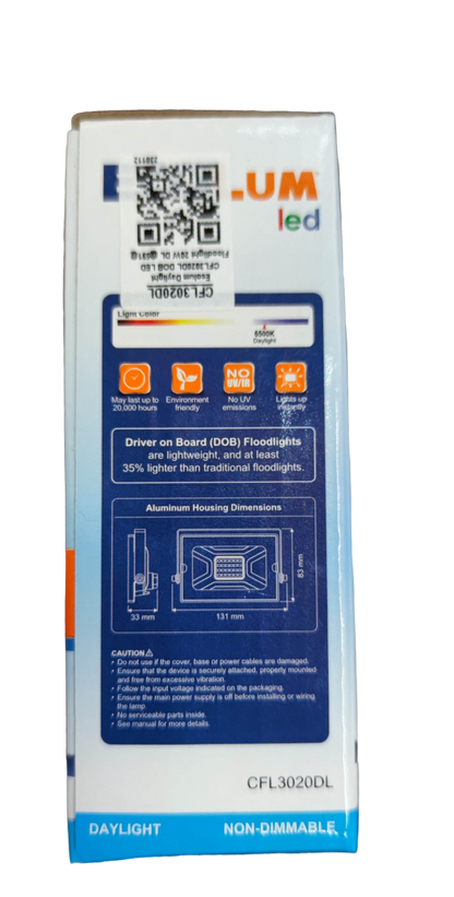 Ecolum 20W LED Flood Light 220V Daylight product packaging box with specs diagram and daylight icon