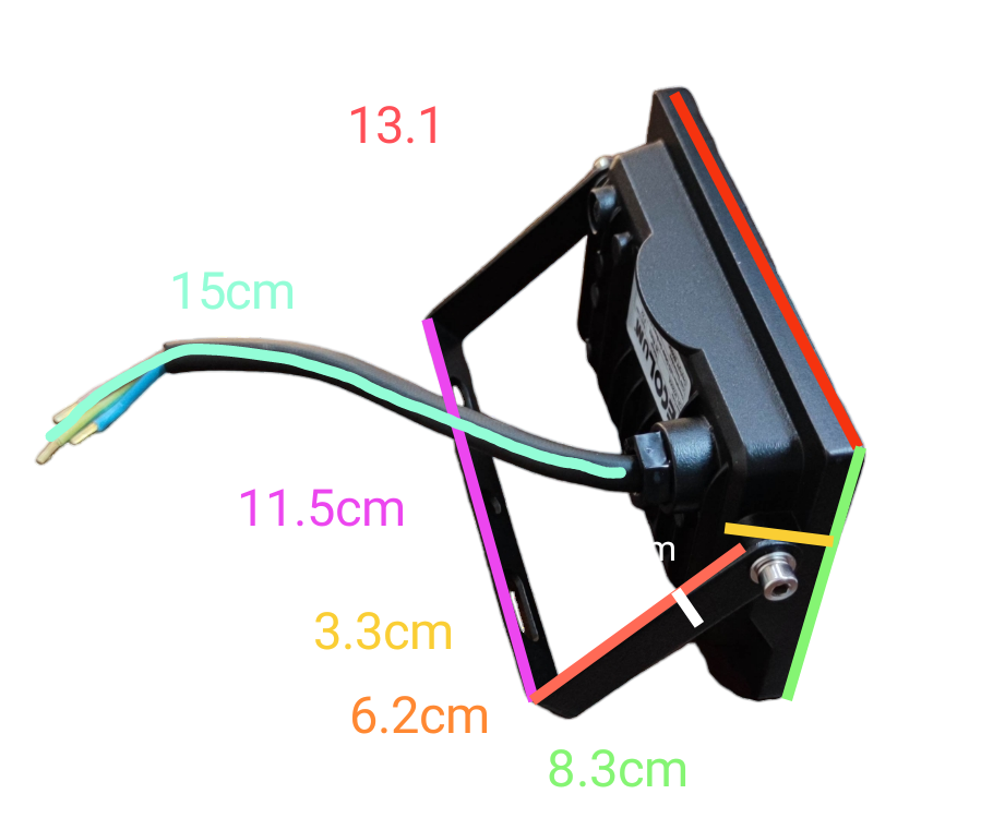 Ecolum 20W LED Flood Light 220V Daylight side view with adjustable mounting bracket and power wires showing dimensions