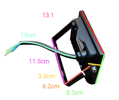 Ecolum 20W LED Flood Light 220V Daylight side view with adjustable mounting bracket and power wires showing dimensions