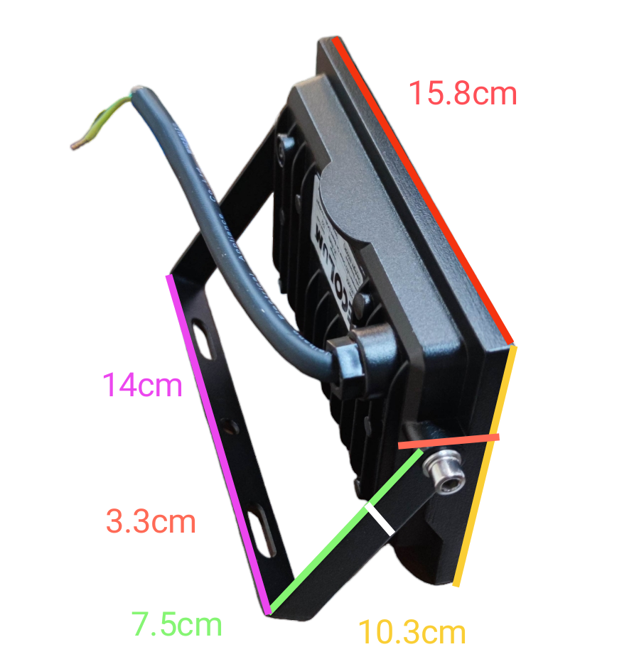 Ecolum 30W LED flood light daylight showcasing dimensions for outdoor lighting installation