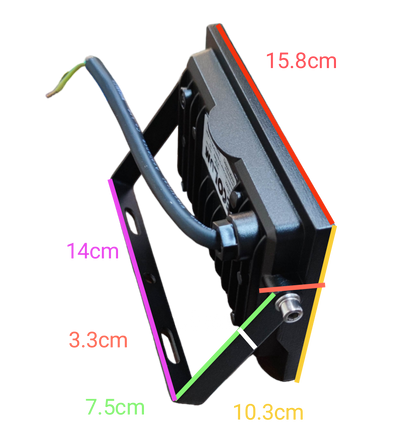 Ecolum 30W LED flood light daylight showcasing dimensions for outdoor lighting installation