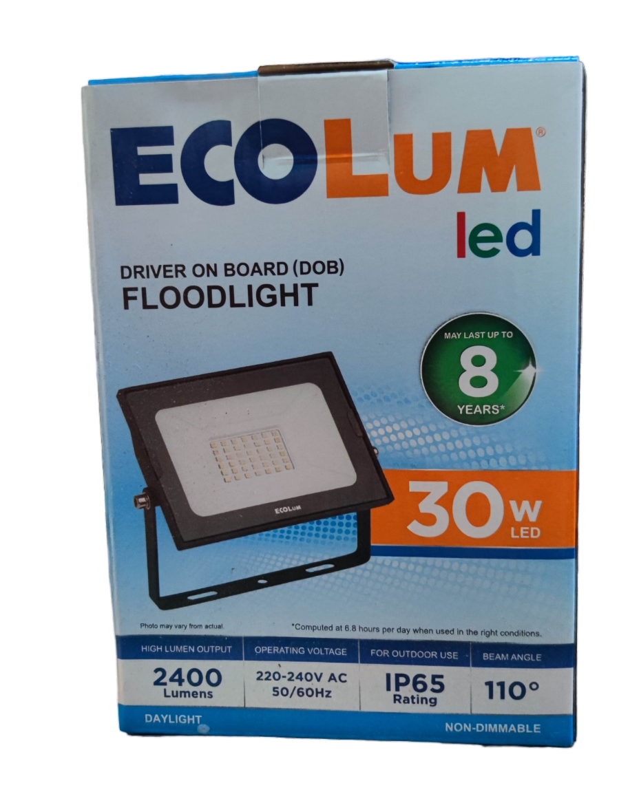 Ecolum 30W LED flood light daylight packaged for outdoor use with high lumen output and IP65 rating