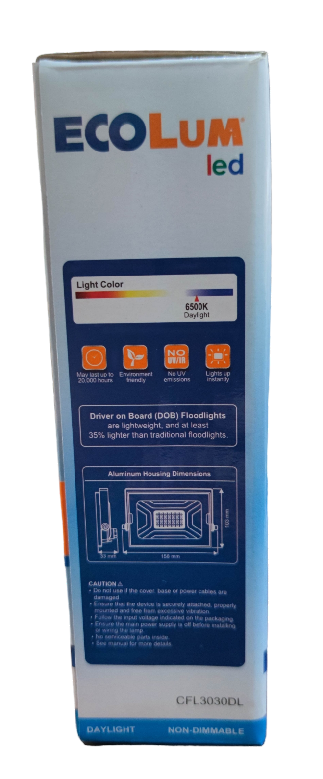 Ecolum 30W LED flood light daylight packaging showcasing features and specifications for outdoor lighting