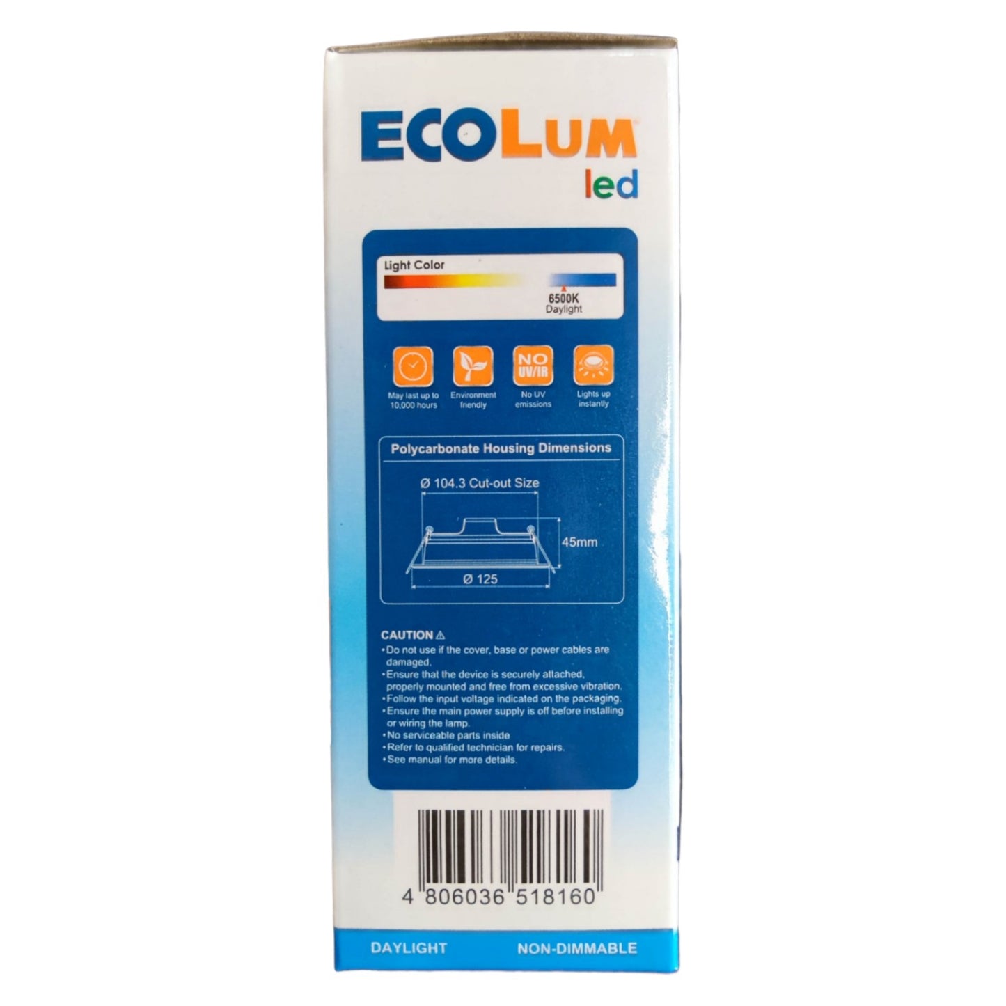 Ecolum 9W LED Downlight Daylight 6500K 220V CDL223109DL Cut Hole Dia 105mm Thickness Ø 45mm x Face Dia 125mm