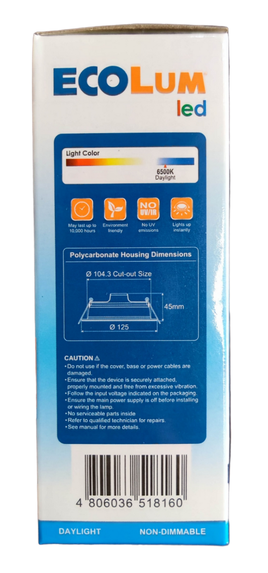 Ecolum packaging for 6500K LED ceiling light 220V daylight non dimmable box with specs diagram