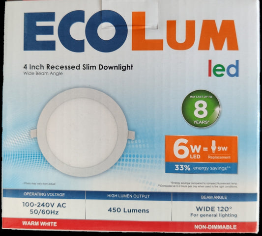Ecolum 4 Inch Recessed Slim Downlight Packaging Featuring 6W LED recessed round downlight with 450 lumens