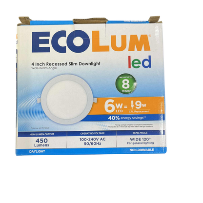 Ecolum 6W LED recessed slim downlight packaging with energy-saving features highlighted