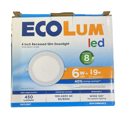 Ecolum 6W LED recessed slim downlight packaging with energy-saving features highlighted