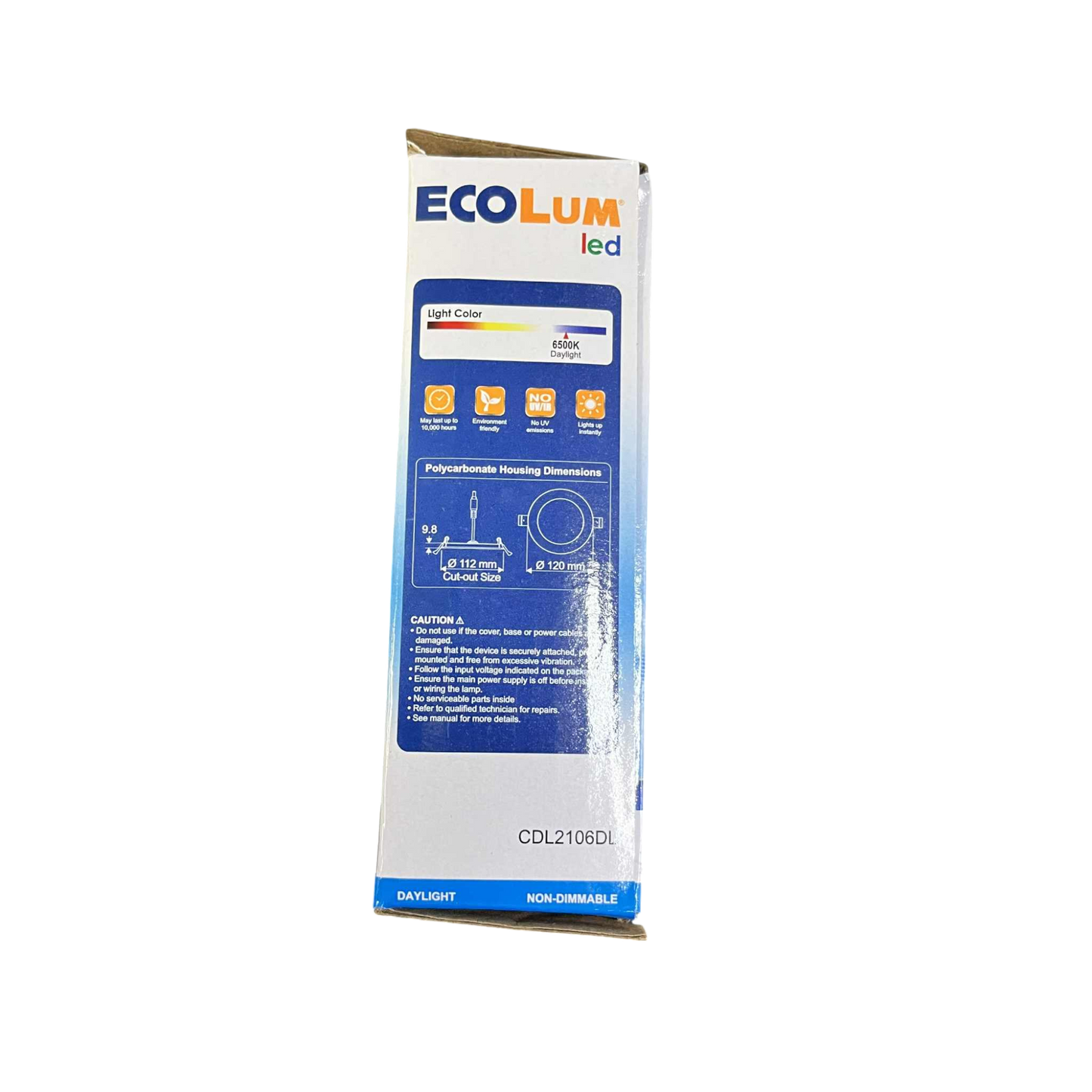 Ecolum 6W LED recessed slim downlight packaging showing specifications and features