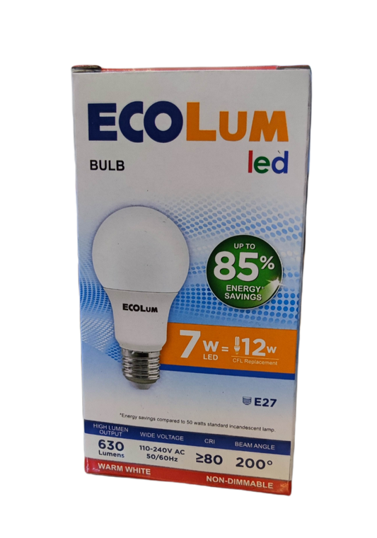 Ecolum 7W LED Bulb E27 220V Warm White with up to 85 percent energy savings in retail packaging