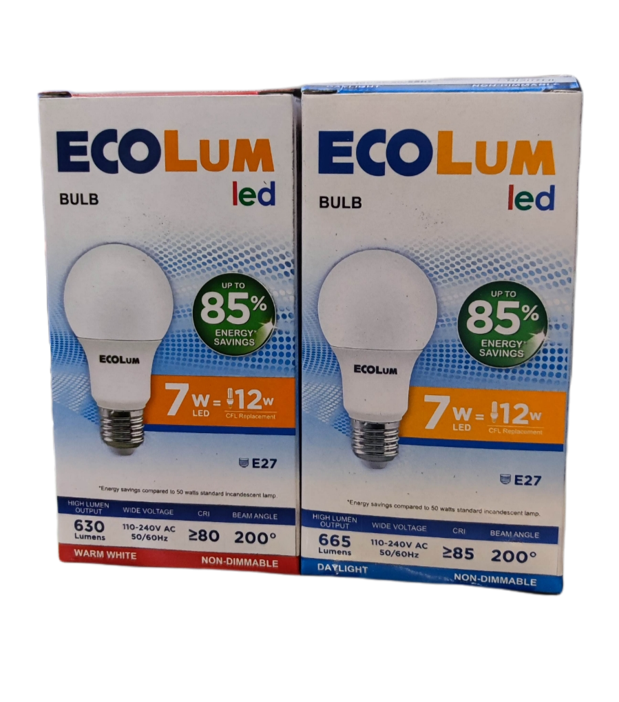 Ecolum 7W LED bulb E27 daylight 220V packaging showcasing energy savings and bulb specifications