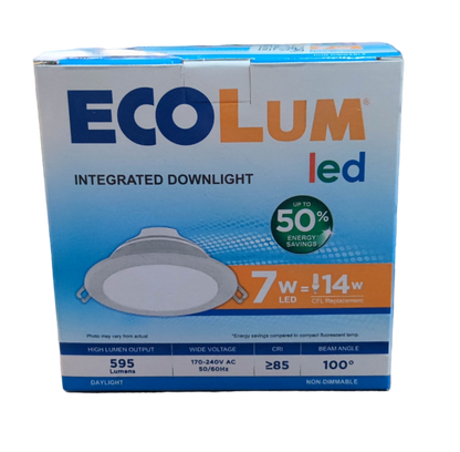 Ecolum 7W LED downlight daylight 6500K in a packaging showcase with energy-saving features
